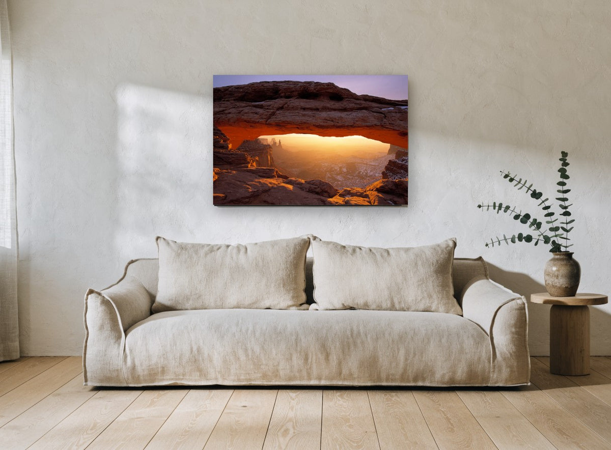 Glowing Rock Arch landscape canvas print on the wall of a living room