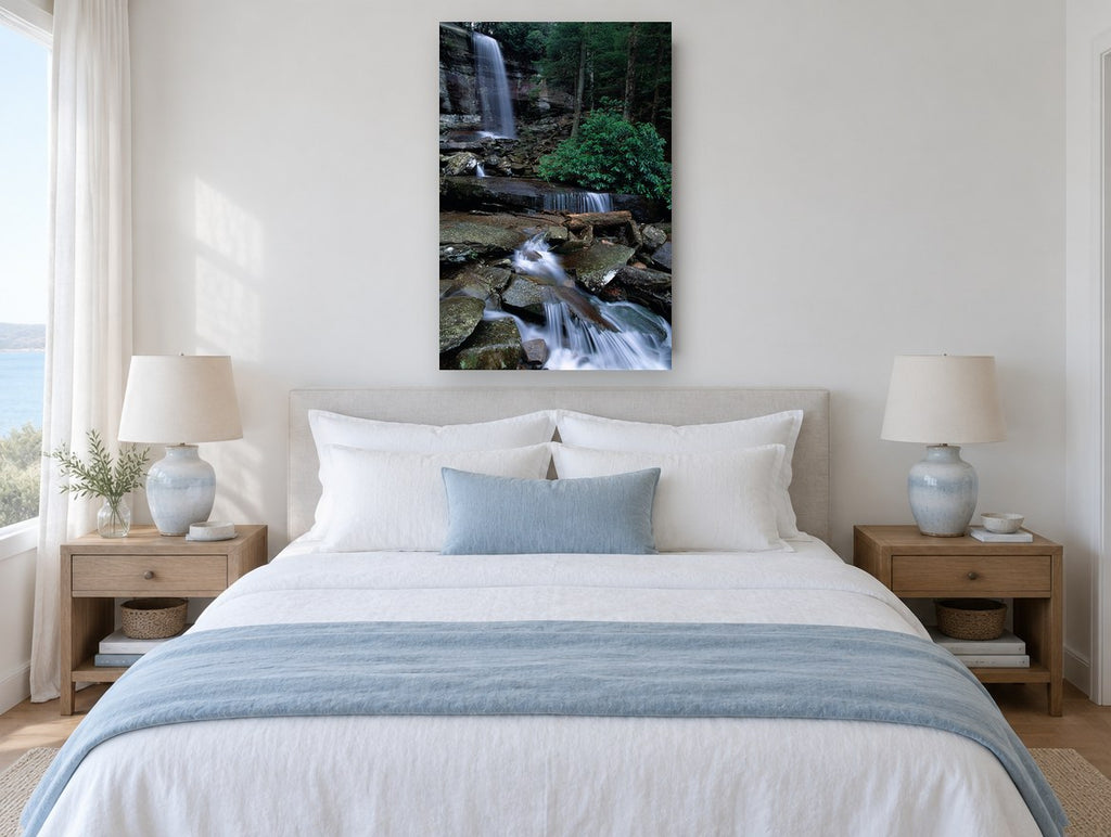 Mossy Cascade Stream landscape canvas print on the wall of a bedroom