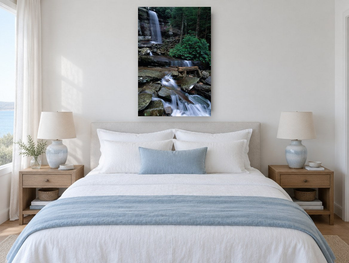 Mossy Cascade Stream landscape canvas print on the wall of a bedroom