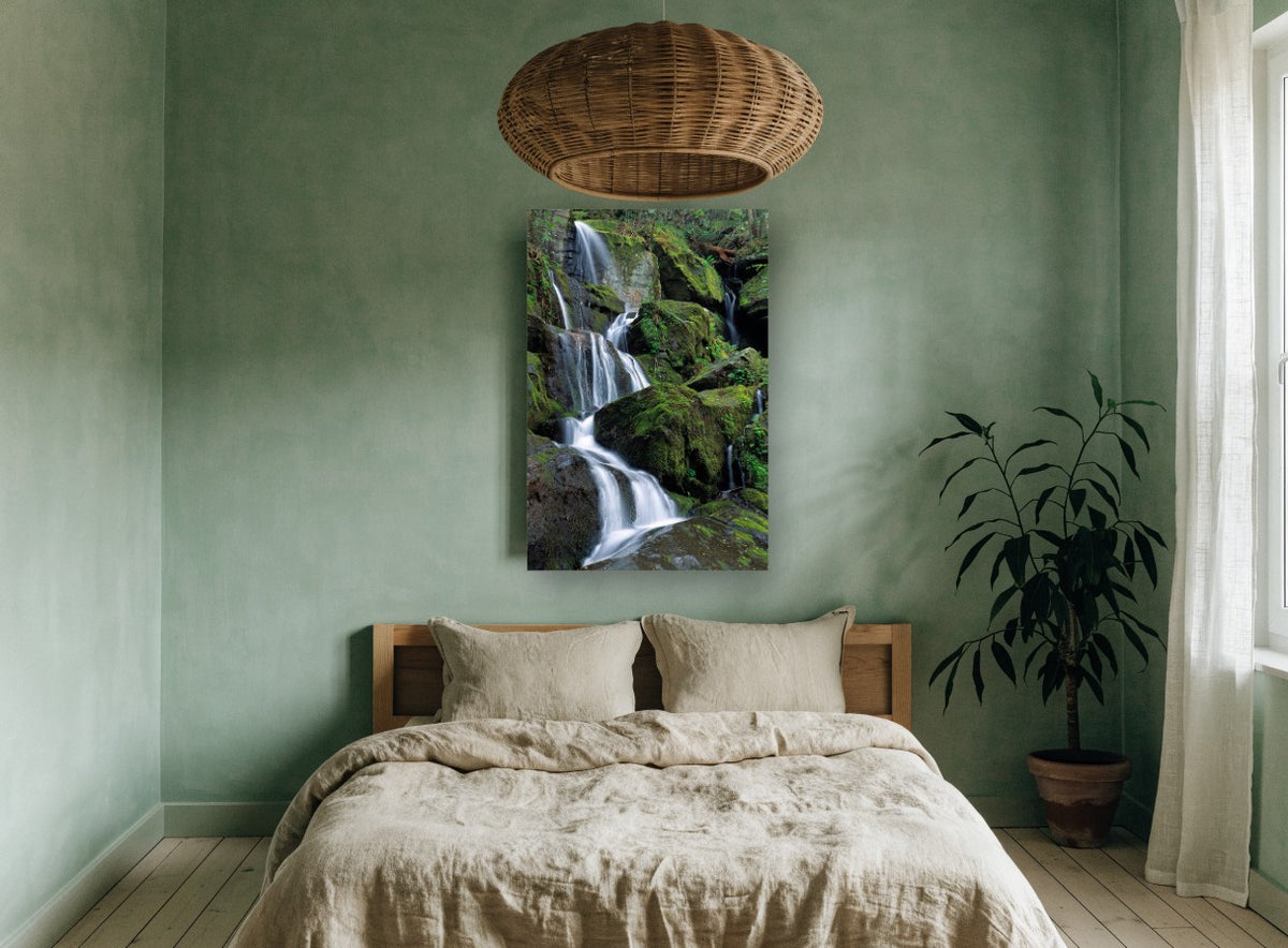 Mossy Cascade Steps landscape canvas print on the wall of a bedroom