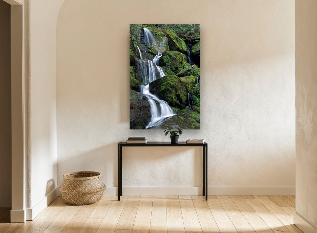 Mossy Cascade Steps landscape canvas print on the wall of a hallway