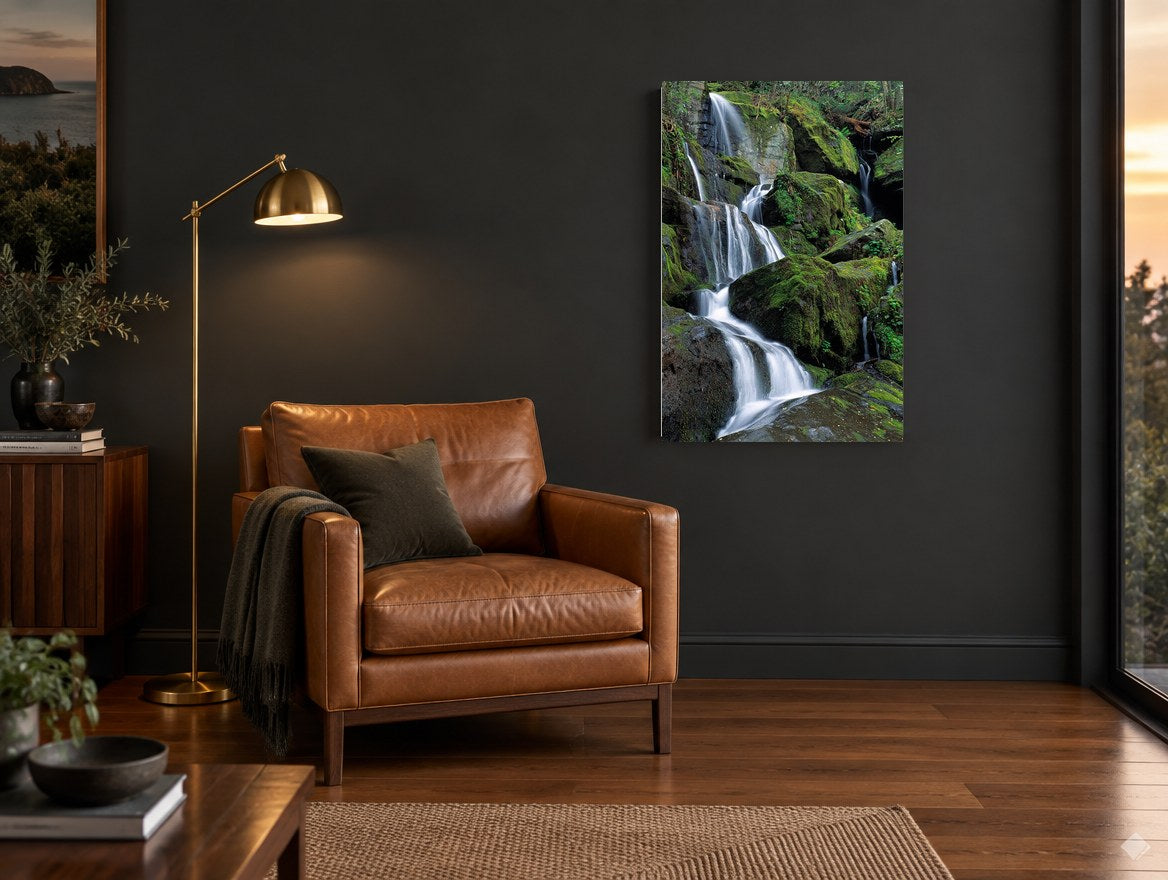 Mossy Cascade Steps landscape canvas print on the wall of a charcoal living room