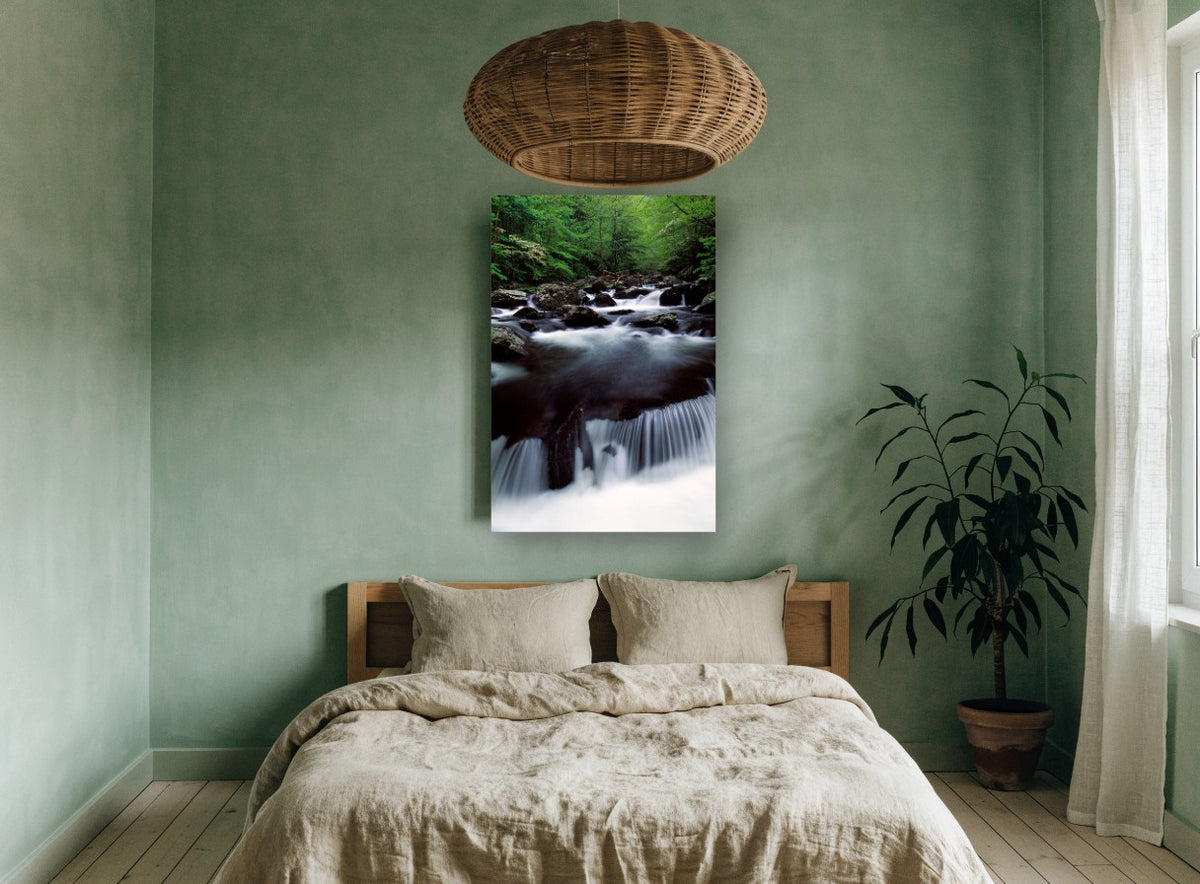 Silken Forest Cascade landscape canvas print on the wall of a bedroom