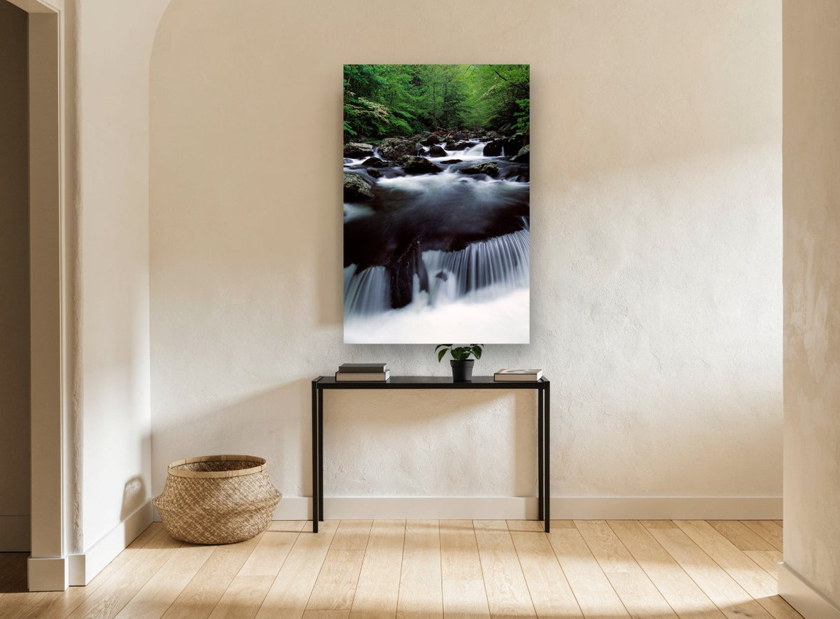 Silken Forest Cascade landscape canvas print on the wall of a hallway