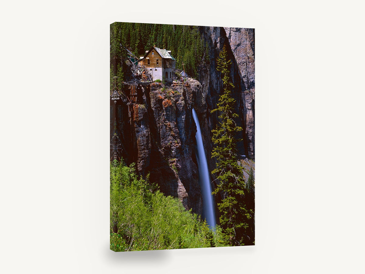 Cliffside Cabin Falls, waterfall beside cliff cabin photograph, landscape canvas wall art print ready to hang
