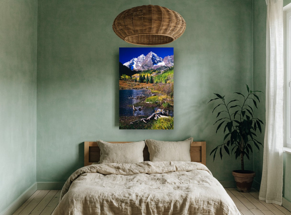 Autumn Peaks Lakeside landscape canvas print on the wall of a bedroom