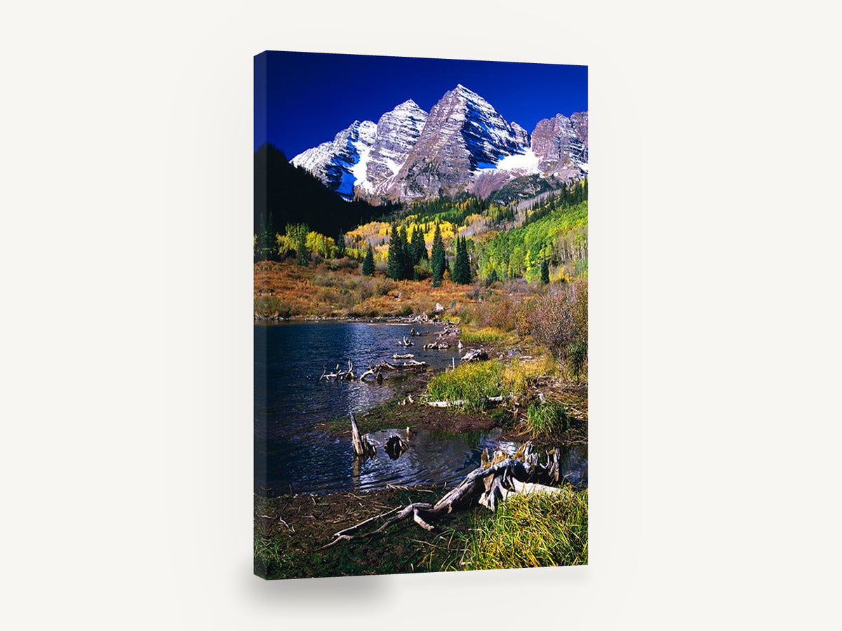 Autumn Peaks Lakeside, autumn mountain lake photograph, landscape canvas wall art print ready to hang