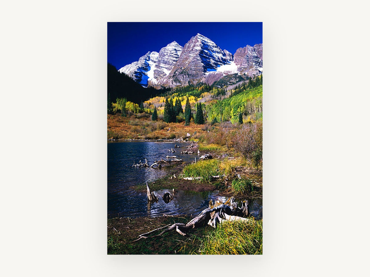 Autumn Peaks Lakeside, autumn mountain lake photograph, landscape canvas wall art print, front view