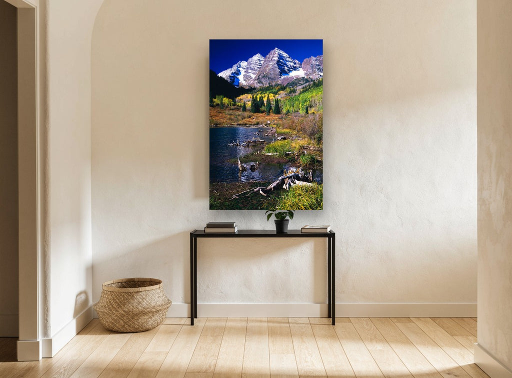 Autumn Peaks Lakeside landscape canvas print on the wall of a hallway