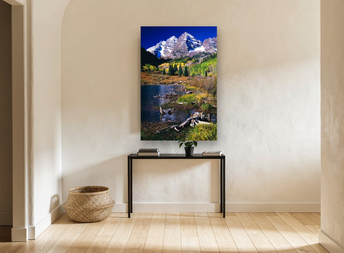 Autumn Peaks Lakeside landscape canvas print on the wall of a hallway