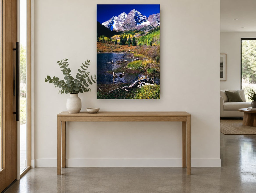 Autumn Peaks Lakeside landscape canvas print on the wall of a entry hall