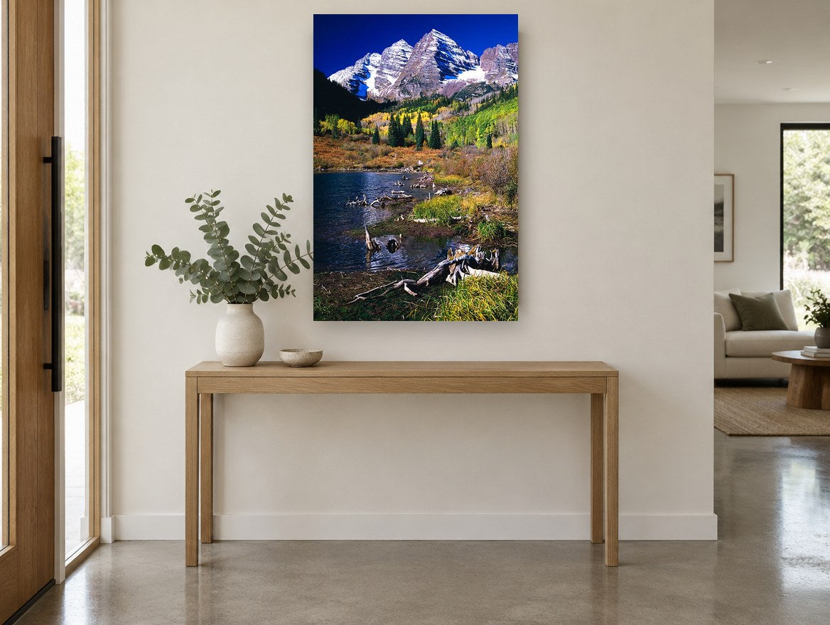 Autumn Peaks Lakeside landscape canvas print on the wall of a entry hall