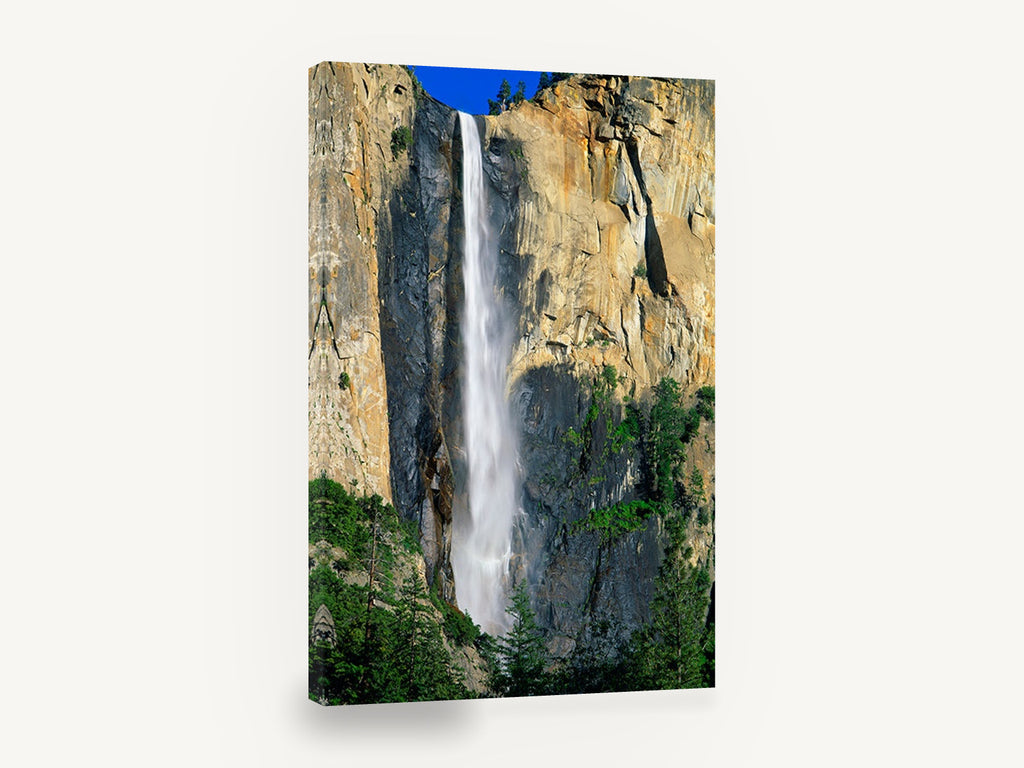 Sunlit Cliff Cascade, tall waterfall granite cliff photograph, landscape canvas wall art print ready to hang