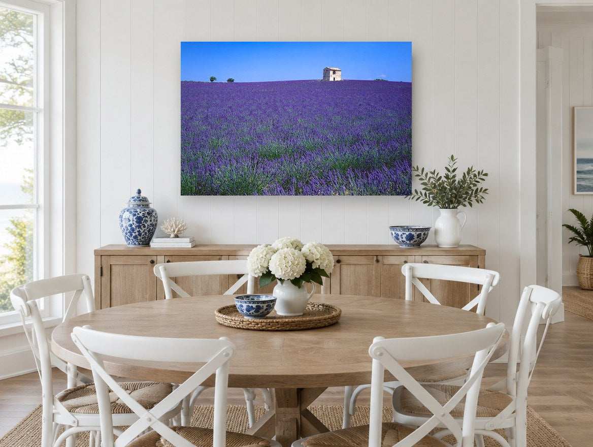 Lavender Stone Hut landscape canvas print on the wall of a Hamptons dining room