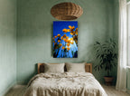 Poppies Against Blue floral canvas print on the wall of a bedroom