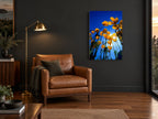 Poppies Against Blue floral canvas print on the wall of a charcoal living room