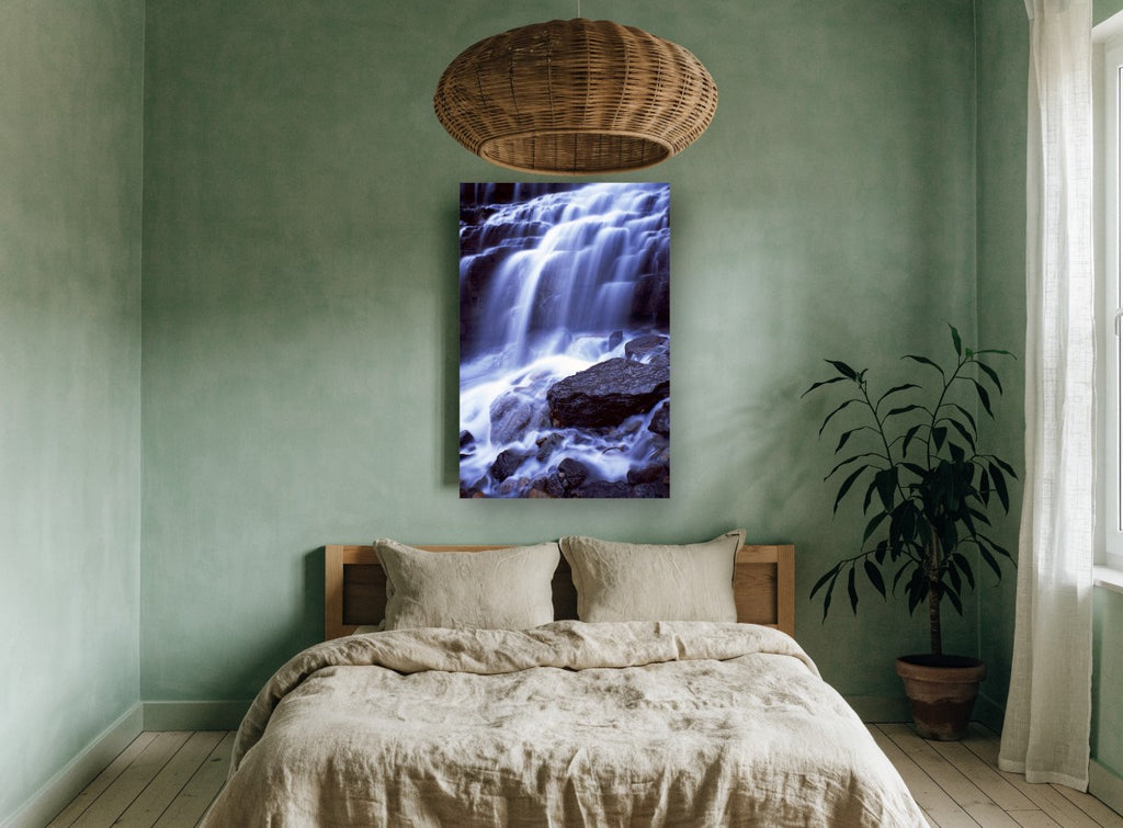 Silk Cascade Rocks landscape canvas print on the wall of a bedroom