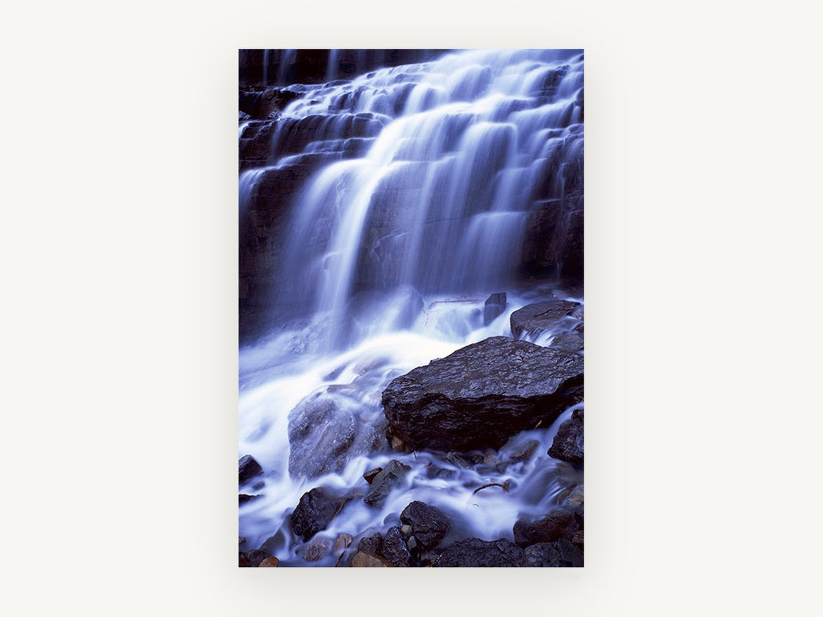Silk Cascade Rocks, blue waterfall long exposure photograph, landscape canvas wall art print, front view