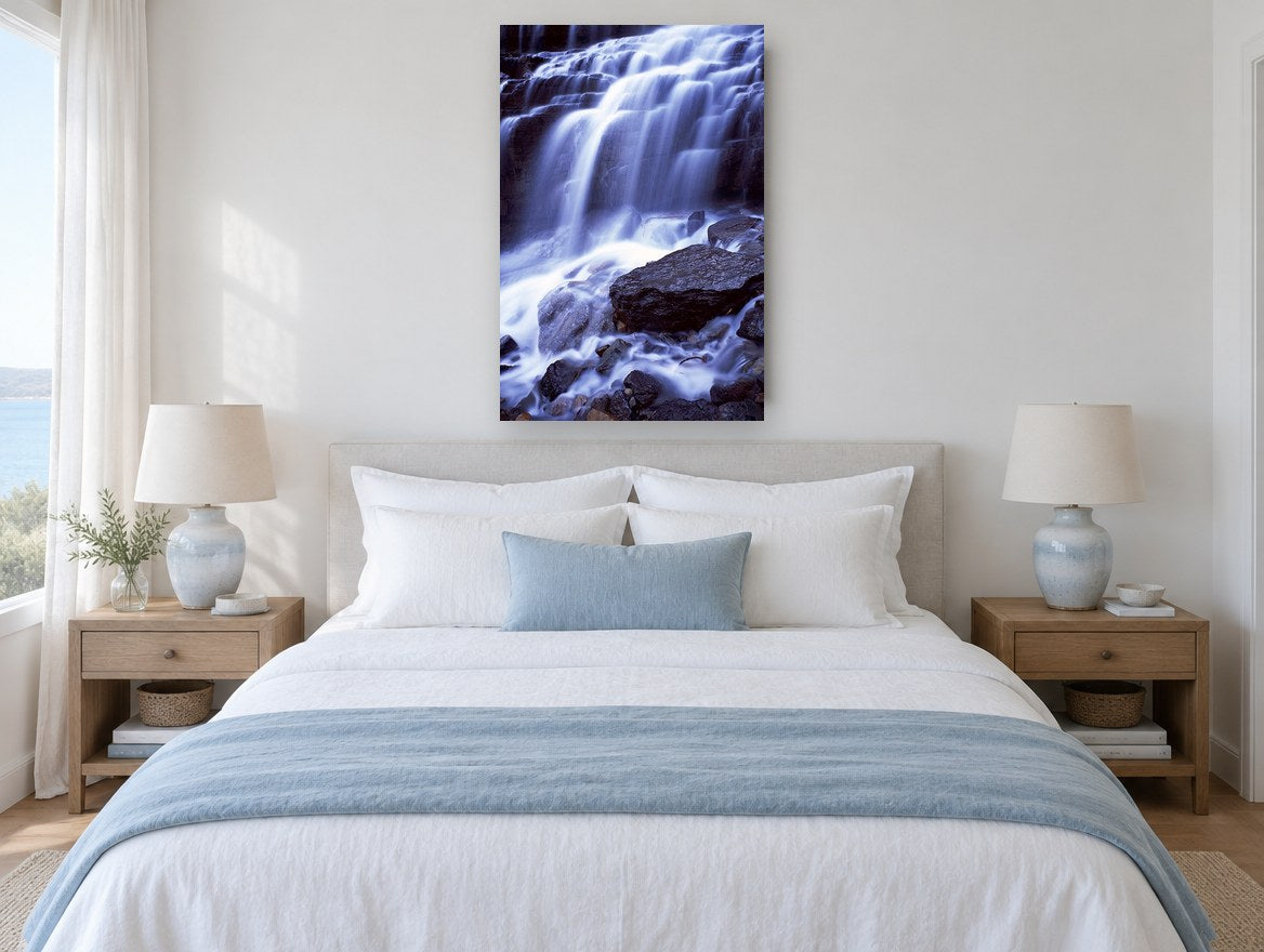Silk Cascade Rocks landscape canvas print on the wall of a bedroom