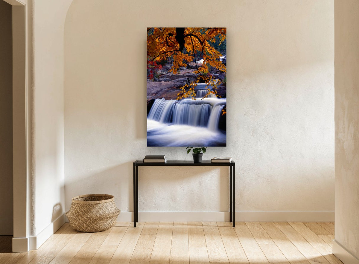 Autumn Cascade Canopy landscape canvas print on the wall of a hallway