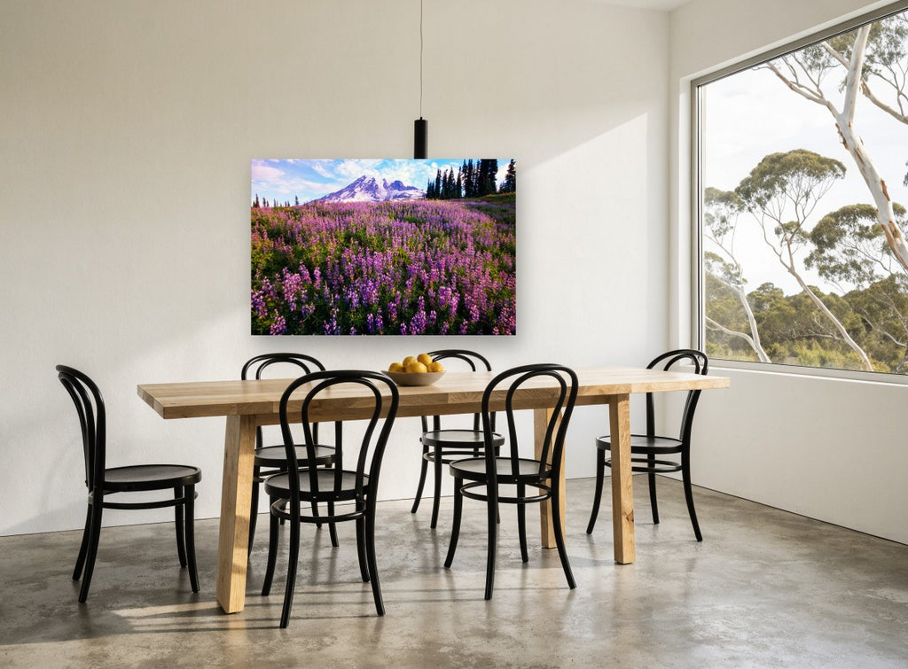 Lupin Meadow Summit landscape canvas print on the wall of a dining room