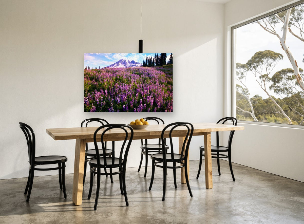 Lupin Meadow Summit landscape canvas print on the wall of a dining room