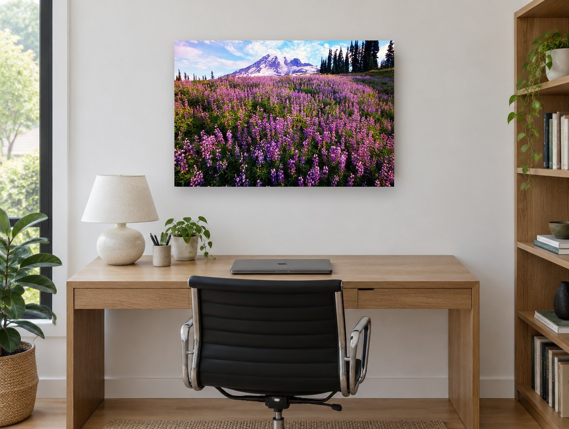 Lupin Meadow Summit landscape canvas print on the wall of a study