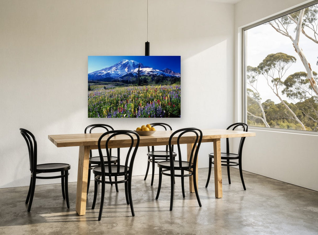 Alpine Wildflower Meadow landscape canvas print on the wall of a dining room