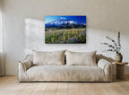 Alpine Wildflower Meadow landscape canvas print on the wall of a living room