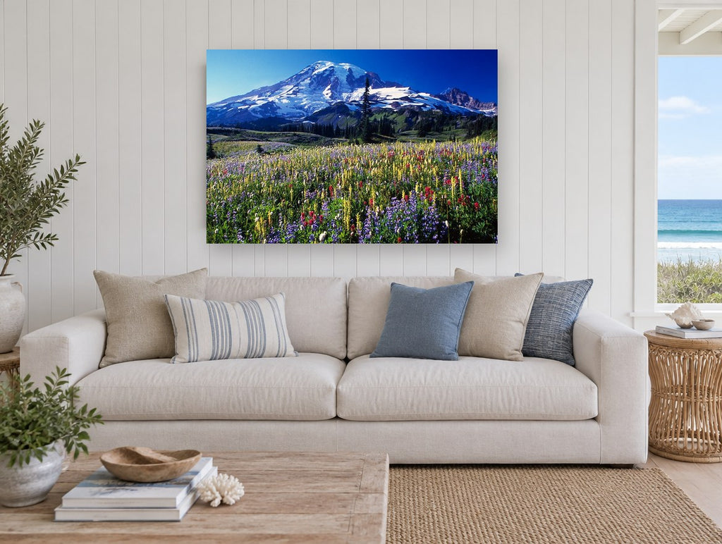 Alpine Wildflower Meadow landscape canvas print on the wall of a beach house living room