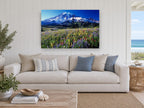 Alpine Wildflower Meadow landscape canvas print on the wall of a beach house living room