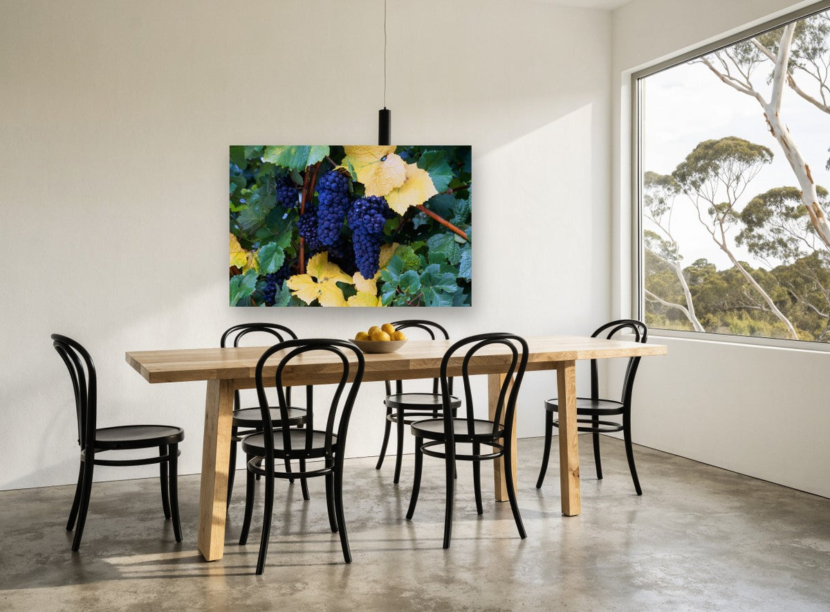Autumn Vineyard Clusters floral canvas print on the wall of a dining room