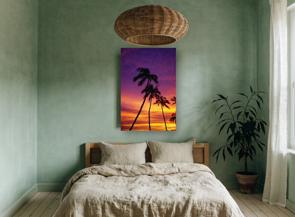 Palms at Violet Dusk landscape canvas print on the wall of a bedroom