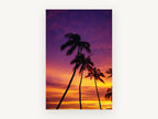 Palms at Violet Dusk, palm trees tropical sunset photograph, landscape canvas wall art print, front view