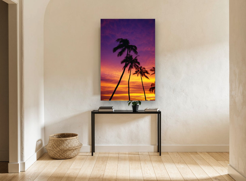 Palms at Violet Dusk landscape canvas print on the wall of a hallway