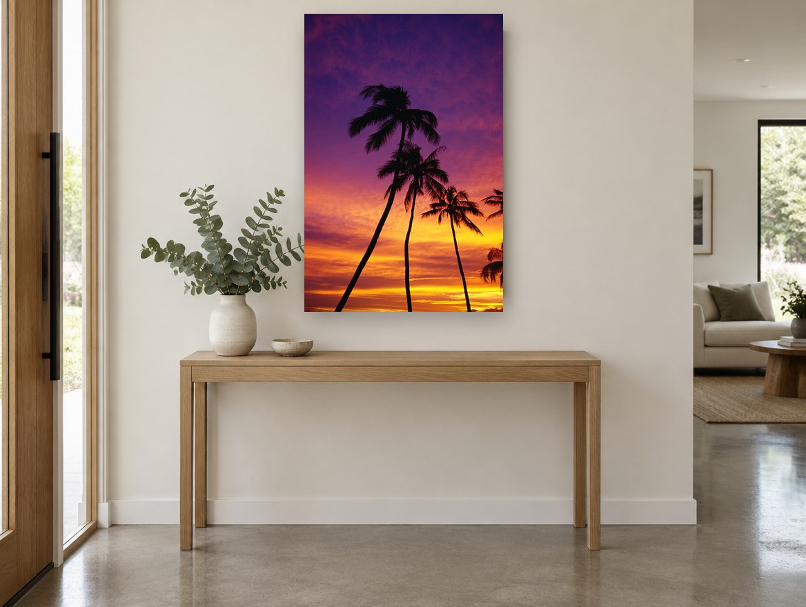 Palms at Violet Dusk landscape canvas print on the wall of a entry hall