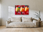 Tulip Trio Glow floral canvas print on the wall of a living room