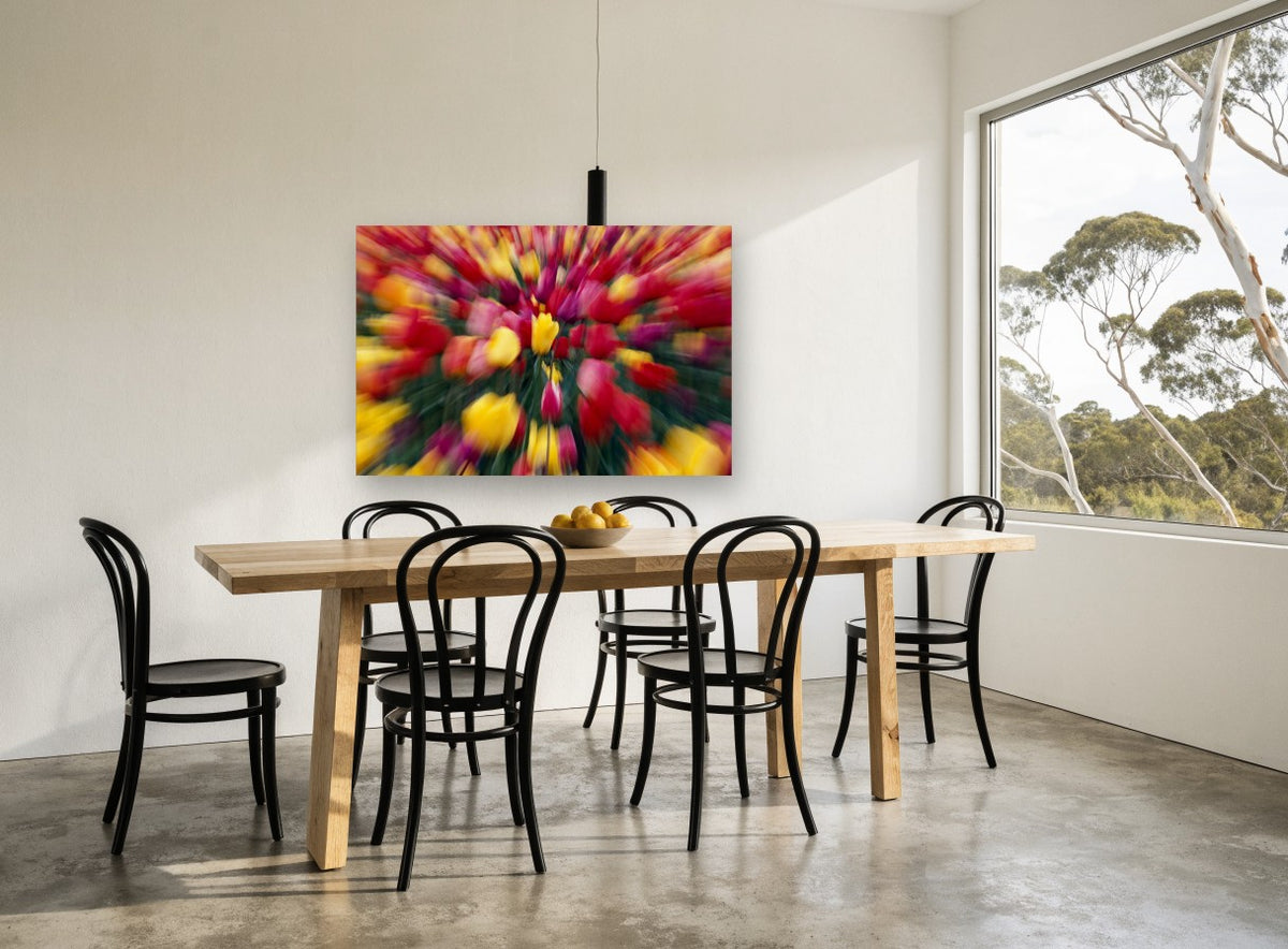 Tulip Burst floral canvas print on the wall of a dining room