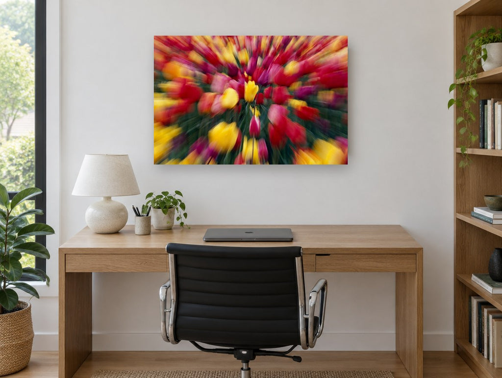 Tulip Burst floral canvas print on the wall of a study