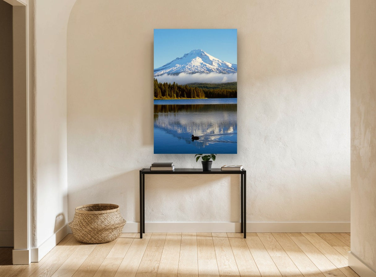 Snowcap Over Still Water landscape canvas print on the wall of a hallway