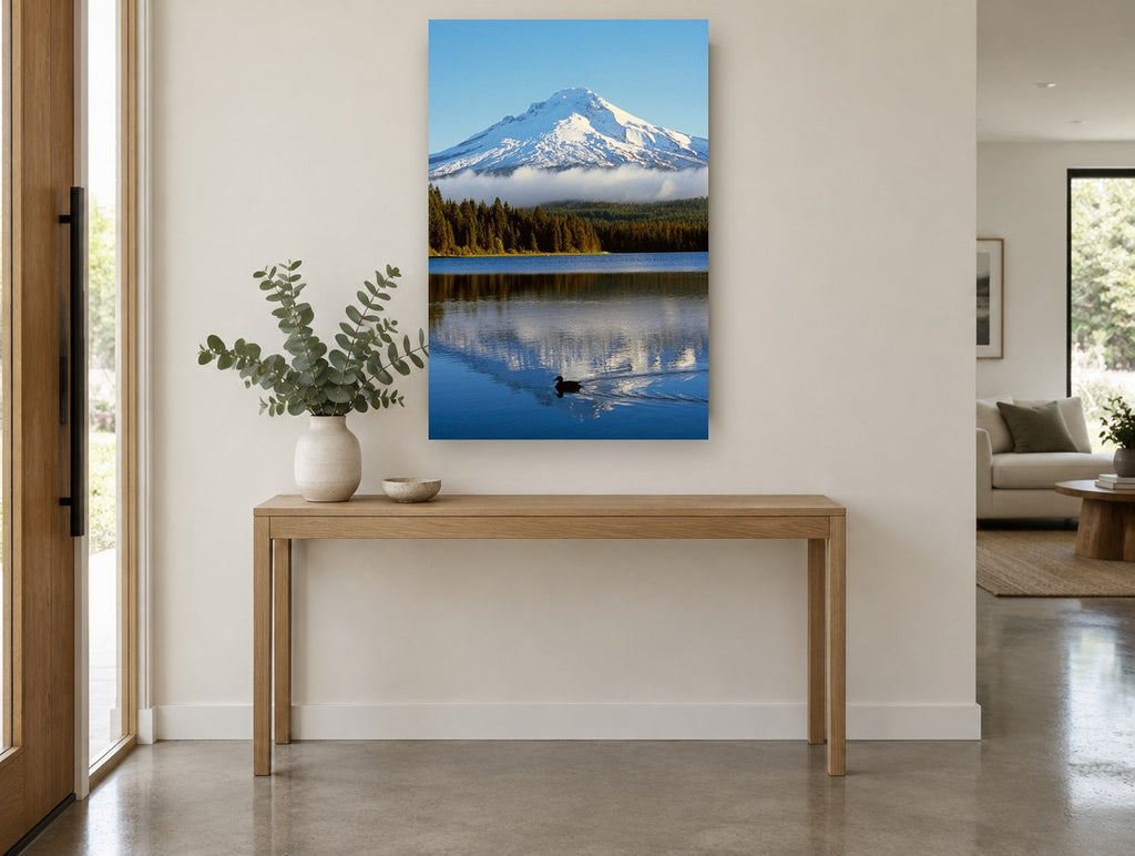 Snowcap Over Still Water landscape canvas print on the wall of a entry hall