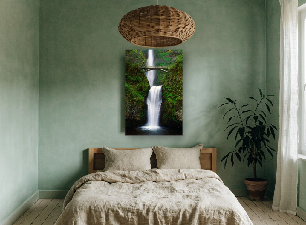 Bridge Over Falls landscape canvas print on the wall of a bedroom
