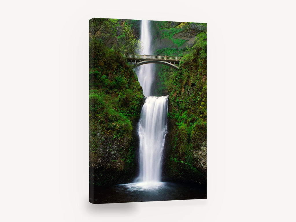 Bridge Over Falls, two tier waterfall bridge photograph, landscape canvas wall art print ready to hang