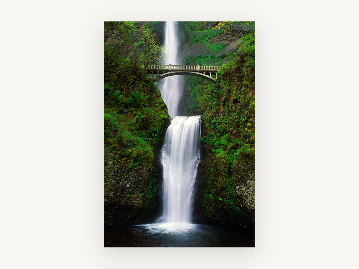 Bridge Over Falls, two tier waterfall bridge photograph, landscape canvas wall art print, front view