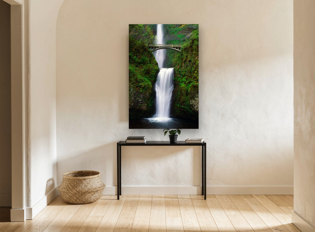 Bridge Over Falls landscape canvas print on the wall of a hallway