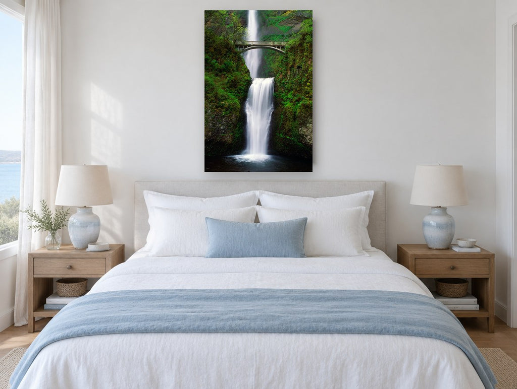 Bridge Over Falls landscape canvas print on the wall of a bedroom