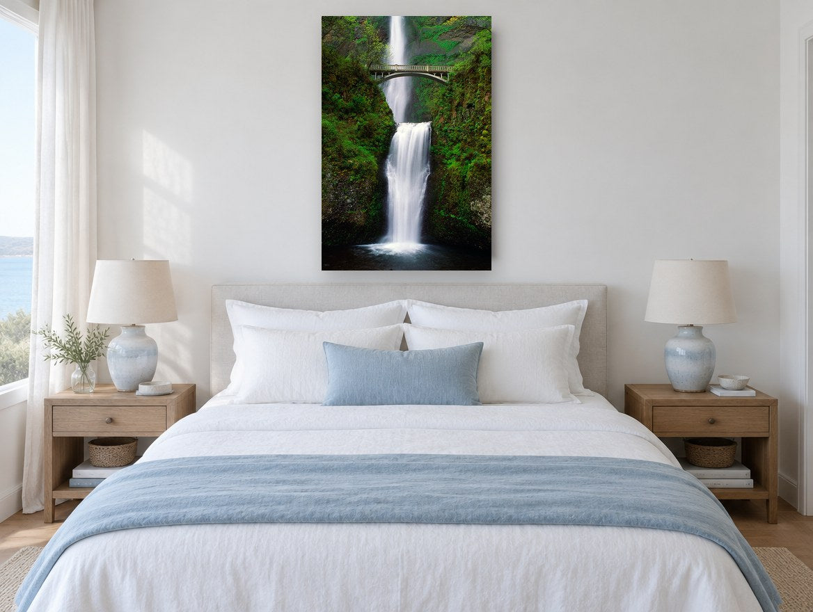 Bridge Over Falls landscape canvas print on the wall of a bedroom
