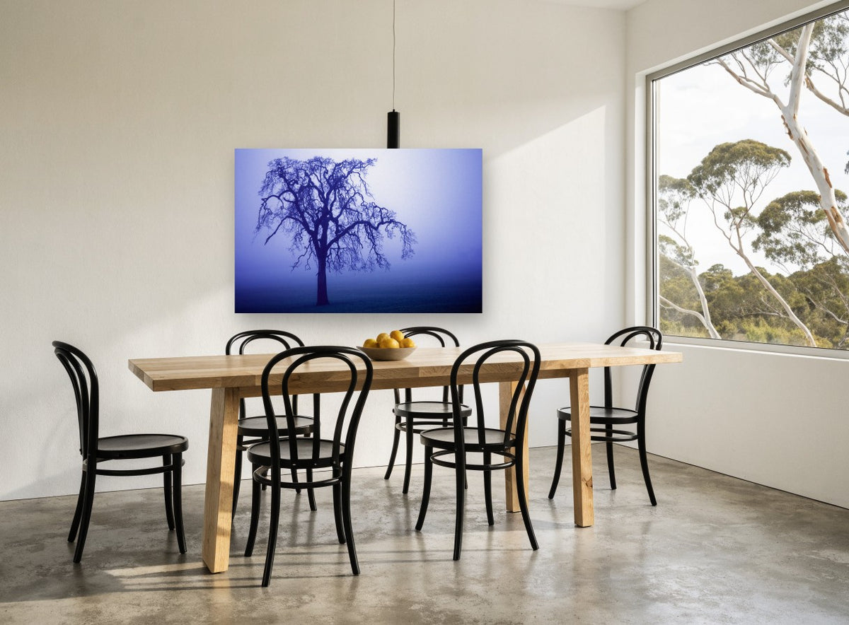 Indigo Fog Oak landscape canvas print on the wall of a dining room