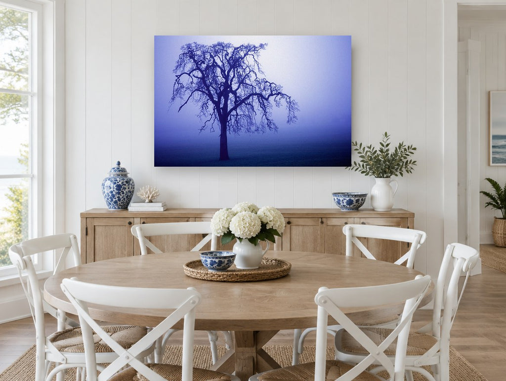 Indigo Fog Oak landscape canvas print on the wall of a Hamptons dining room