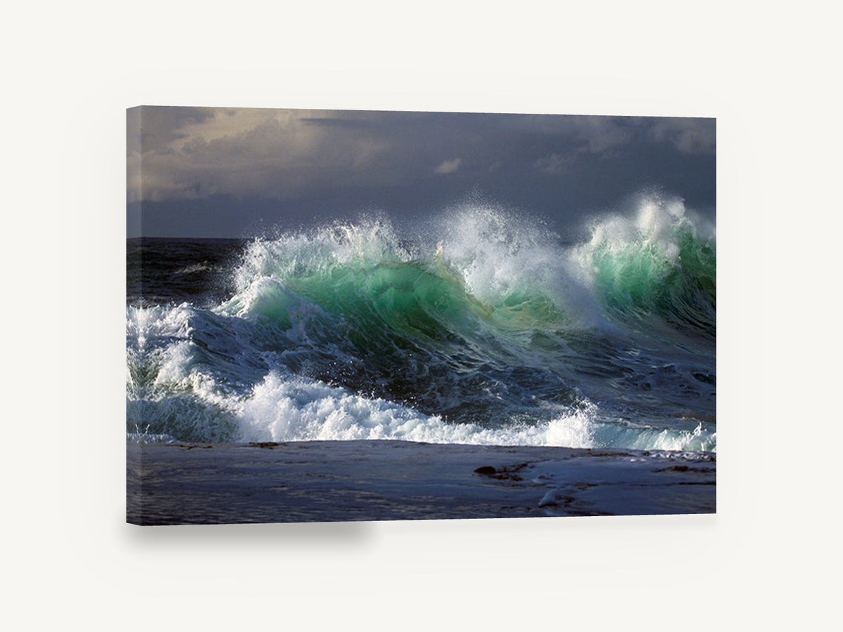 Emerald Surge, green breaking wave ocean photograph, coastal canvas wall art print ready to hang